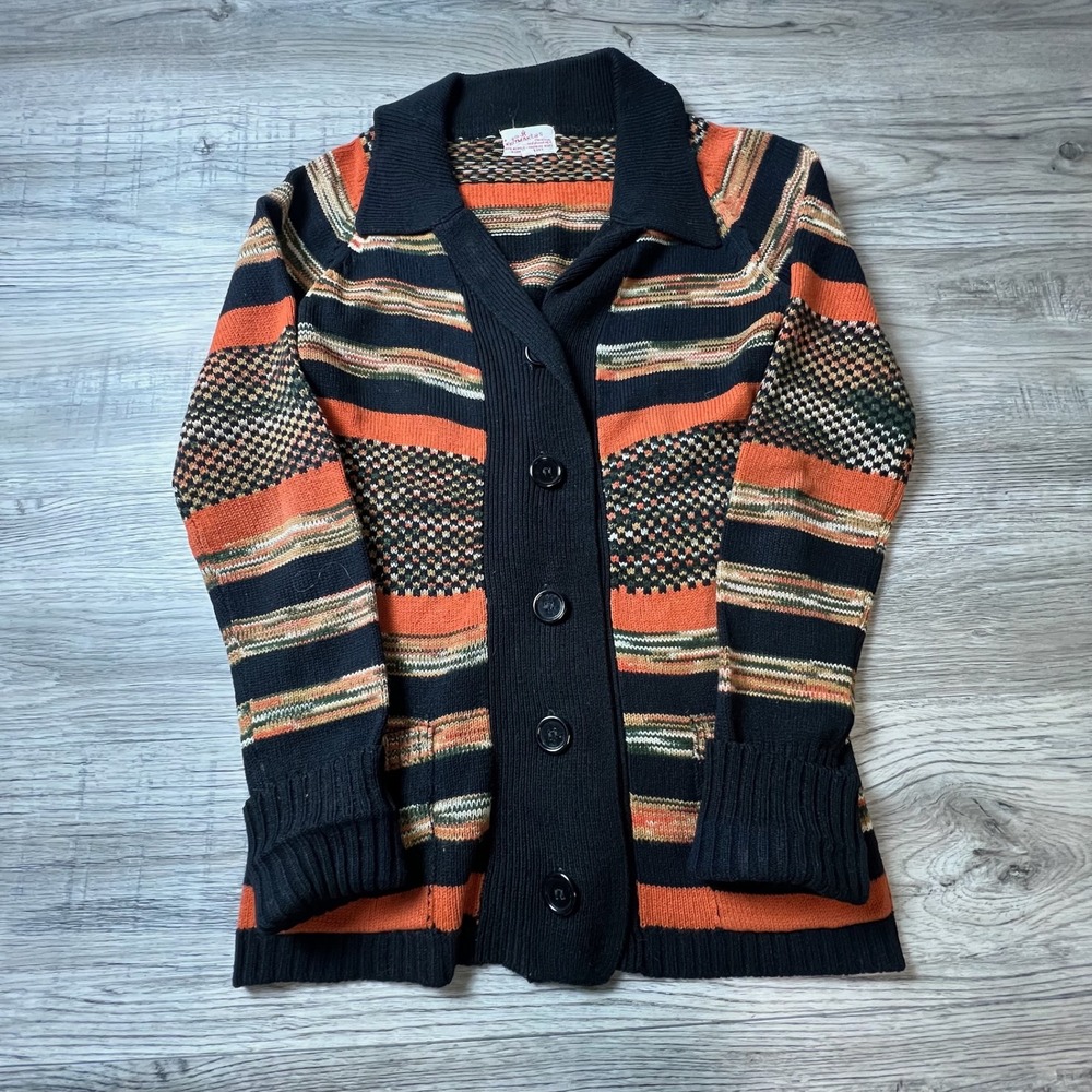 Knitmakers Cardigan Womens Medium Orange Black Striped Vintage 60s Button Front